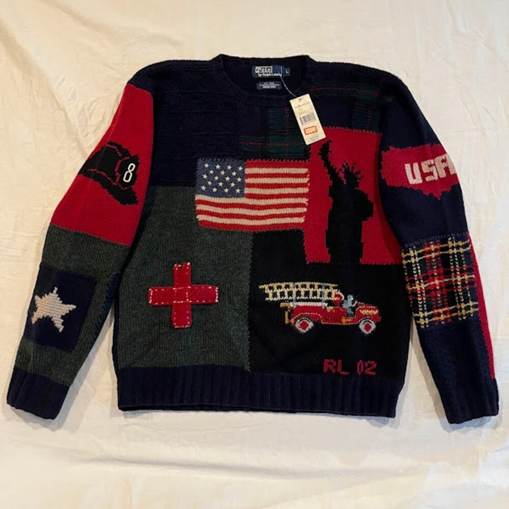 Polo Ralph Lauren Sweater 9/11 Tribute Hand Knit Wool Sz L USA